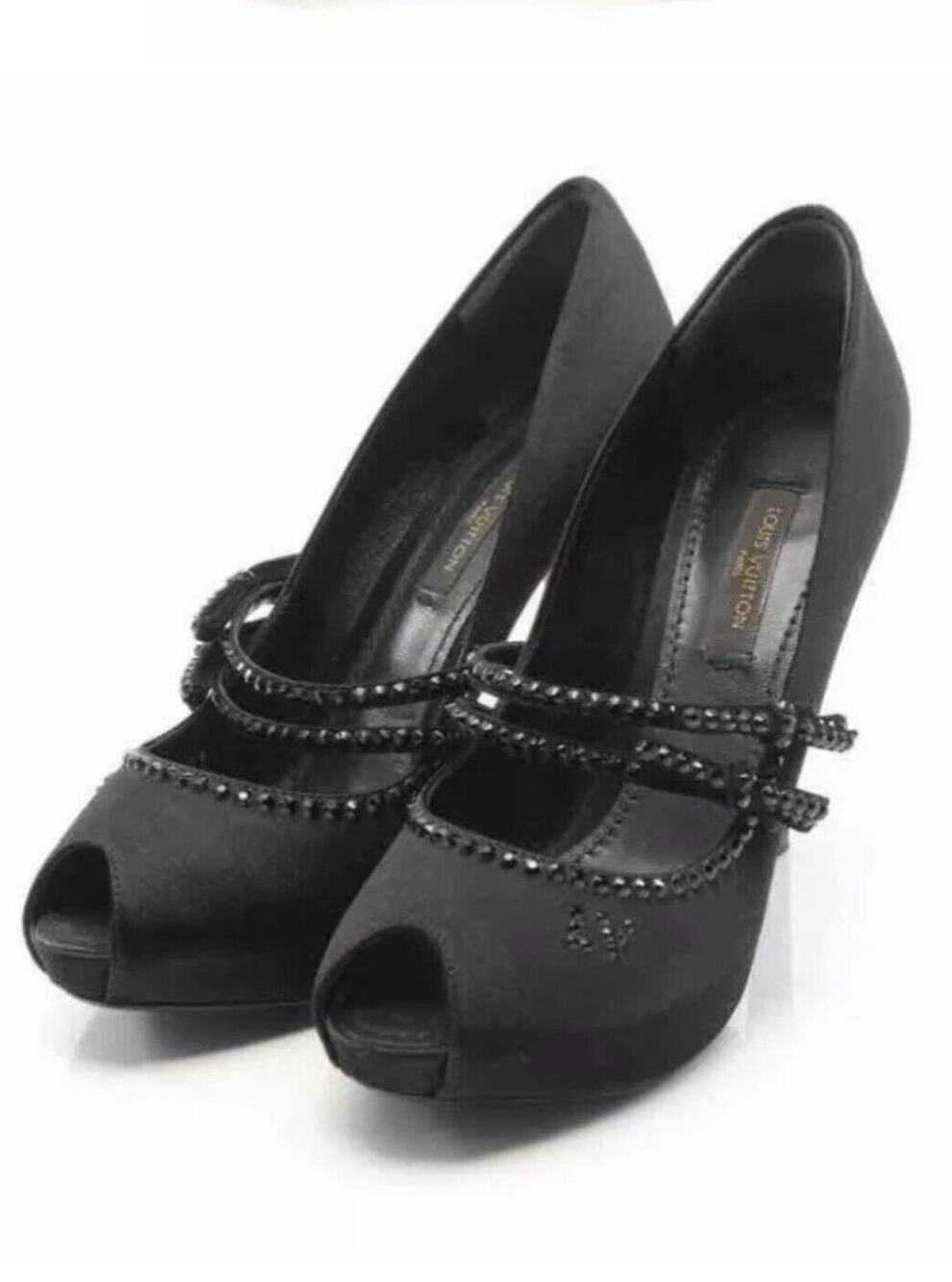 Louis Vuitton Vintage Black Satin Open Toe Crystal Strap Embellished Pumps 37.5